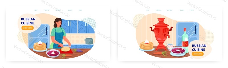 Russian cuisine landing page design, website banner template set, flat vector illustration. Woman cooking traditional russian dishes borscht and blini. Vodka alcohol drink, ancient samovar.