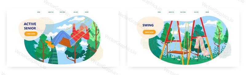 Active senior landing page design, website banner template set, flat vector illustration. Happy elderly woman pensioner swinging on swing. Healthy active lifestyles. Retirement activities.