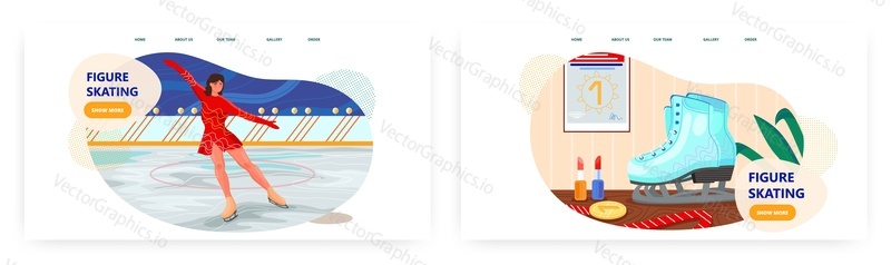 Figure skating landing page design, website banner template set, flat vector illustration. Woman skater dancing on ice rink. Figure ice skating championship show, training.