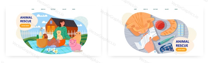 Animal rescue landing page design, website banner template set, flat vector illustration. Veterinary care, animal rescue center, volunteering.