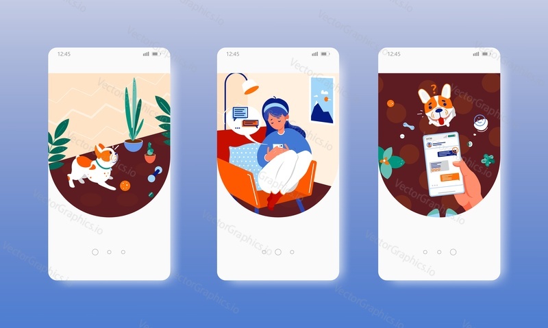 Social media, smartphone addiction. Live communication problem with pet. Mobile app onboarding screens. Vector banner template for website and mobile development. Web site and UI design illustration.