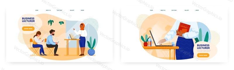 Design vstupní stránky obchodního lektora, sada šablon bannerů webových stránek, plochá vektorová ilustrace. Studenti poslouchají virtuálního učitele. Online vzdělávání. Dálková výuka, distanční výuka. Seminář.