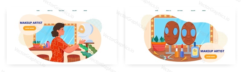 Makeup artist landing page design, website banner template set, flat vector illustration. Professional beautician, visagist services. Makeup courses, make up school.