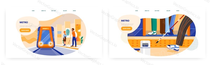 Metro landing page design, website banner template set, flat vector illustration. Blind man with cane waiting for train at tactile paving on subway platform. Traffic safety for people with poor vision