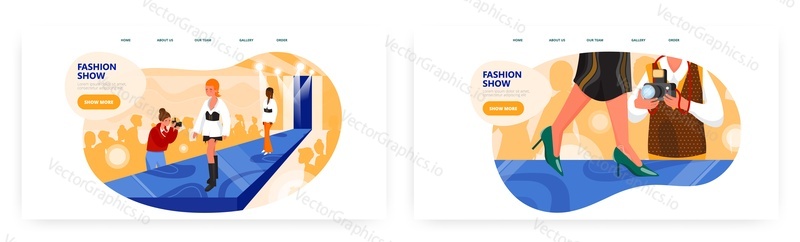 Fashion show landing page design, website banner template set, flat vector illustration. Girls models walking on catwalk podium demonstrating women modern clothing collection. Fashion industry.