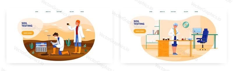 Návrh vstupní stránky testování půdy, sada šablon bannerů webových stránek, plochá vektorová ilustrace. Analýza a testování kvality zemědělské půdy v terénu a v laboratoři.