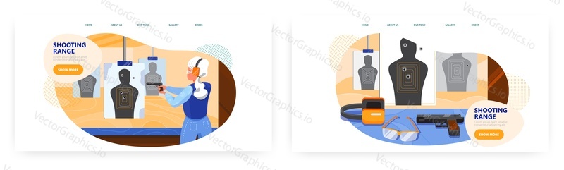 Shooting range landing page design, website banner template set, flat vector illustration. Woman wearing glasses, earmuffs aiming at target with gun practicing pistol shooting. Range safety gear.