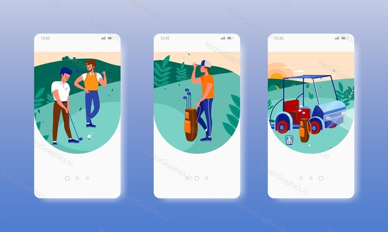 Golf club players, helper, car and sport equipment. Golfing school. Mobile app onboarding screens. Vector banner template for website and mobile development. Web site and UI design illustration.