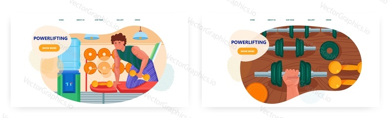 Powerlifting design vstupní stránky, sada šablon bannerů webových stránek, plochá vektorová ilustrace. Silný svalnatý muž sportovec cvičení s činkami. Vzpírání, kulturistika, posilovna cvičení.