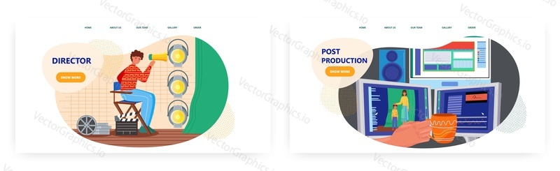Design vstupní stránky filmového režiséra, sada šablon bannerů webových stránek, plochá vektorová ilustrace. Filmař režie natáčení filmu a postprodukční proces. Kreativní profese. Kinematografie.