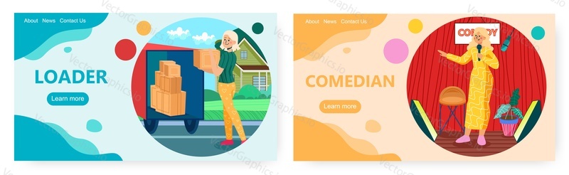 Happy ladies loader and comedian, landing page design, website banner template set, flat vector illustration. Strong women making male careers. Non traditional employment for women.