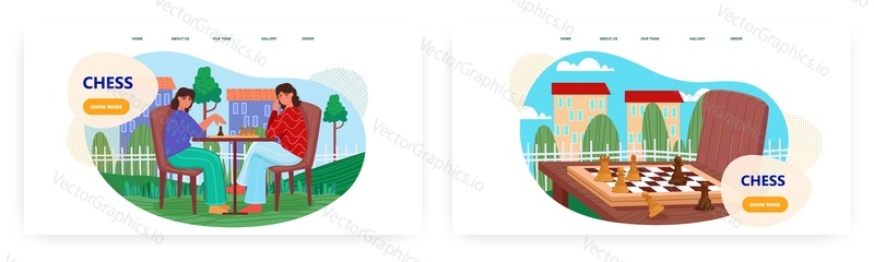 Chess landing page design, website banner template set, flat vector illustration. Two women playing strategic board game, thinking and moving chess pieces on chessboard. Hobby. Leisure home activity.