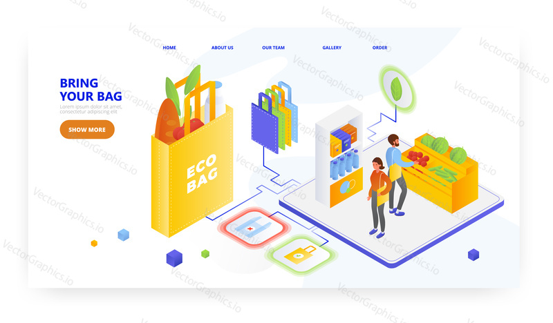 Bring your own bag, landing page design, website banner template, flat vector isometric illustration. People shopping for groceries with eco friendly plastic free bags. Zero waste.