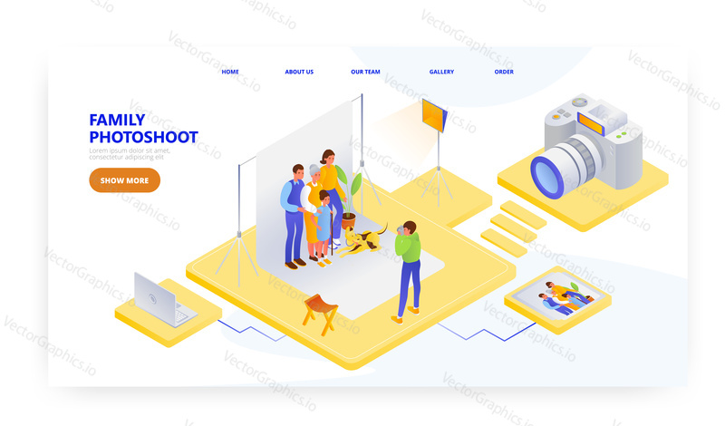 Family photoshoot, landing page design, website banner template, flat vector isometric illustration. Photographer shooting family characters with pet dog in photo studio with professional camera.