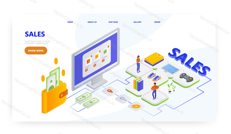 Prodej, design vstupní stránky, šablona banneru webových stránek, izometrická ilustrace plochého vektoru. Online nakupování smlouvat. Internetový obchod prodej a slevy.
