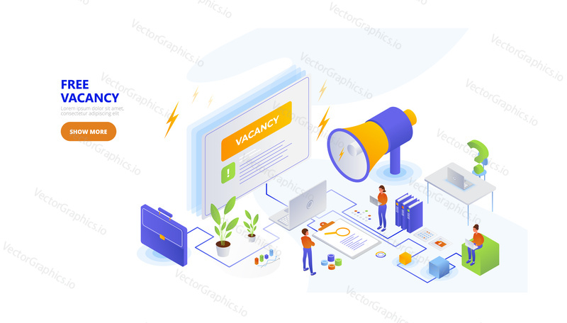 Free vacancy, landing page design, website banner template, flat vector isometric illustration. Recruit agency services, employment.