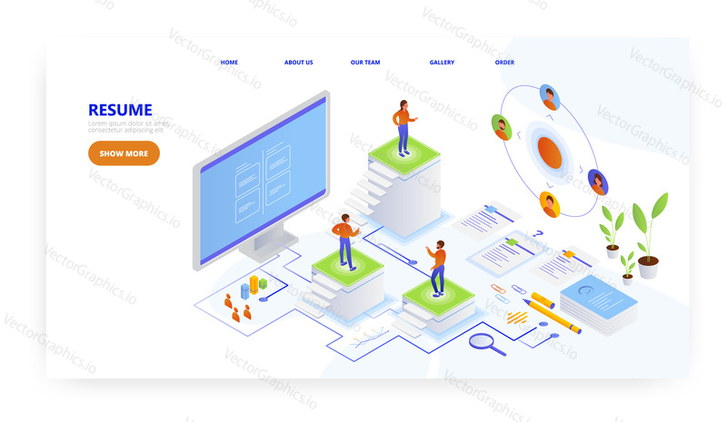 Resume landing page design, website banner template, flat vector isometric illustration. Online recruitment, cv, hiring, employment.