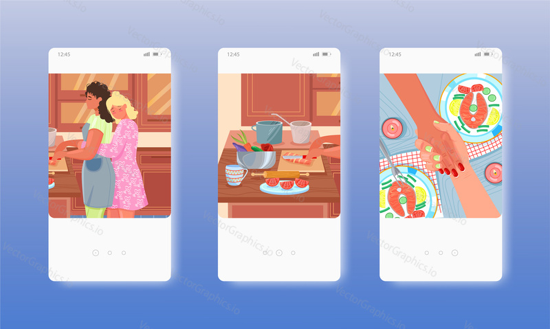 Daughter hugging mom cooking dinner in kitchen. Happy family. Parent child relationship. Mobile app screens. Vector banner template for website and mobile development. Web site, UI design illustration