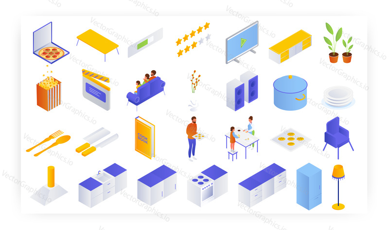 Happy family isometric icon set, flat vector isolated illustration. Father, mother and kid watching movie and making cookies. Family lifestyle and relationship.