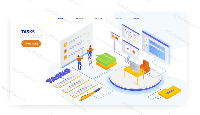 Tasks, landing page design, website banner template, flat vector isometric illustration. Task management, workflow, checklist, planning schedule, business concept.