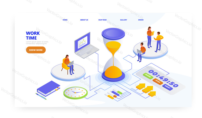 Work time, landing page design, website banner template, flat vector isometric illustration. Effective time management.