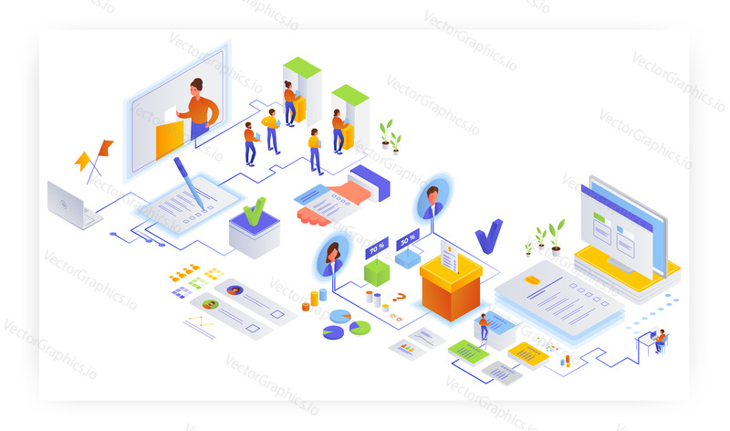 Election day and voting, flat vector isometric illustration. Polling station. Voters choosing candidate, putting ballot paper into ballot box, standing in queue to polling booth.