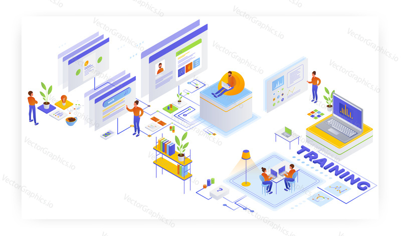 Studenti se učí online, ploché vektorové izometrické ilustrace. Webinář, online školení, dálkové vzdělávání, seminář, distanční vzdělávání.