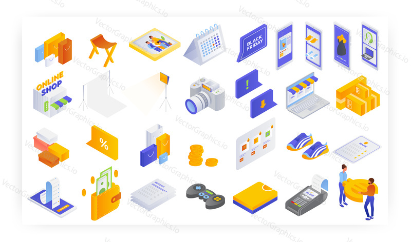 Online shop isometric icon set, flat vector isolated illustration. Sales and discounts, Black friday, online store marketing strategy, mobile payment, e-commerce.