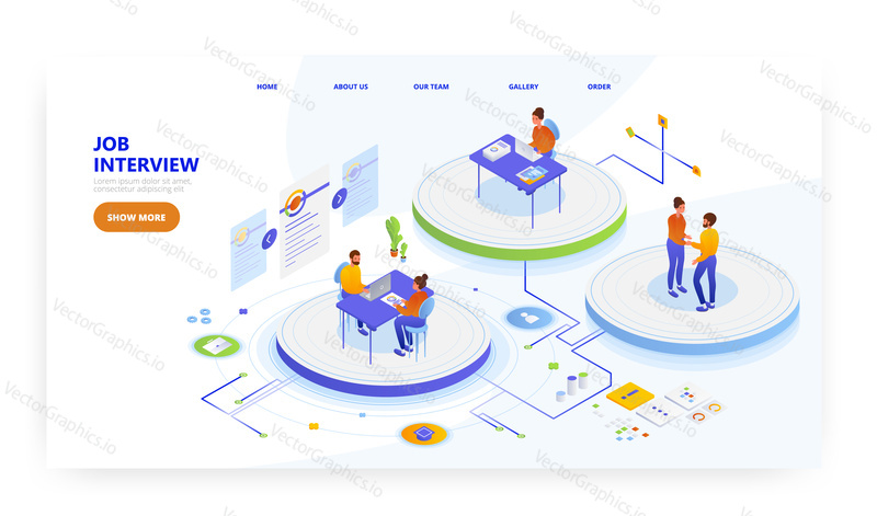 Job interview, landing page design, website banner template, flat vector isometric illustration. Employment, human resources, job candidate, hiring.