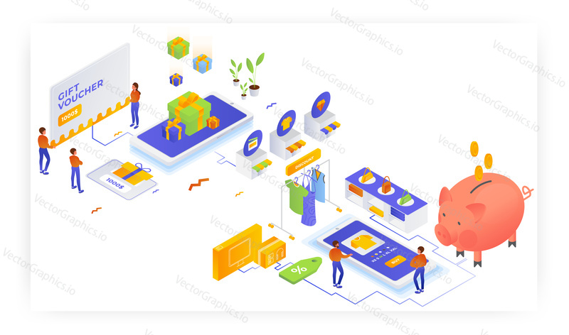 Dárkový poukaz, slevový kupón, věrnostní program, plochá vektorová izometrická ilustrace. Nakupování. Úspora peněz se slevami. Marketingová strategie internetového obchodu.