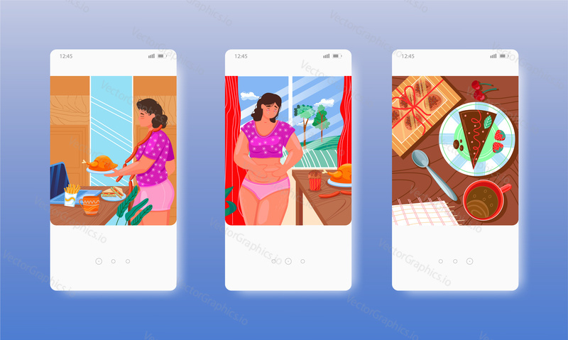Compulsive overeating. Weight gain. Depression, anxiety. Binge eating. Obesity. Mobile app screens. Vector banner template for website and mobile development. Web site and UI design illustration.