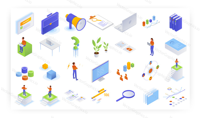 Employment isometric icon set, flat vector isolated illustration. Free vacancy, resume, career, human resources, recruiting and job search concept.