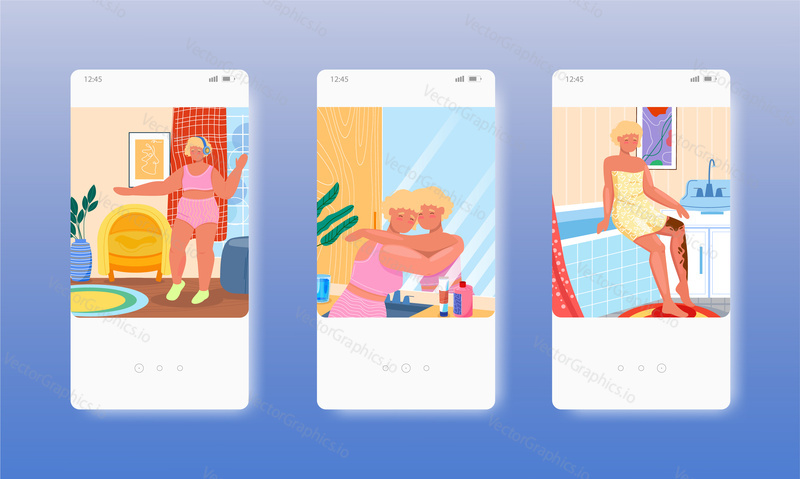 Plus size woman dancing, hugging herself in mirror. Self esteem, body positive. Mobile app screens. Vector banner template for website and mobile development. Web site and UI design illustration