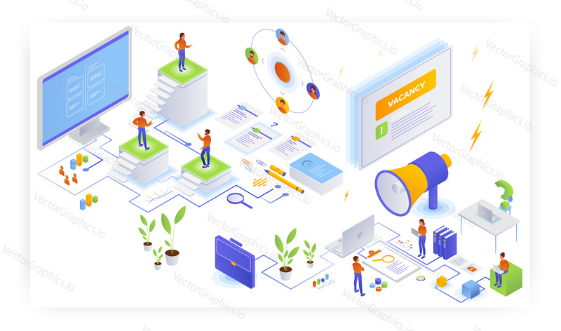 Employment, flat vector isometric illustration. Free vacancy, resume, career, human resources, recruiting and job search.