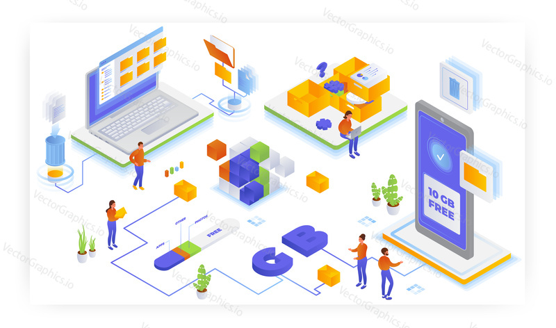 Increase storage space on mobile devices, flat vector isometric illustration. Free 10GB mobile data. Memory booster app. Clean space. Memory optimization.