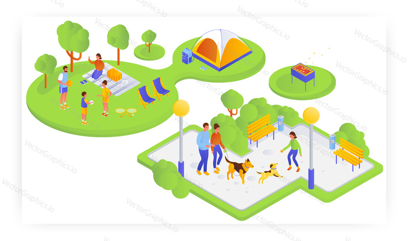 Family having picnic in nature, playing with dog in the park, flat vector isometric illustration. Father, mother and kids spending time together. Family life, relationship. Summer outdoor activity.