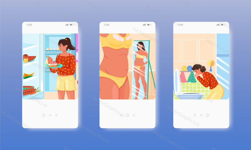 Woman suffering from bulimia, psychological eating disorder. Mobile app screens. Vector banner template for website and mobile development. Web site and UI design illustration.