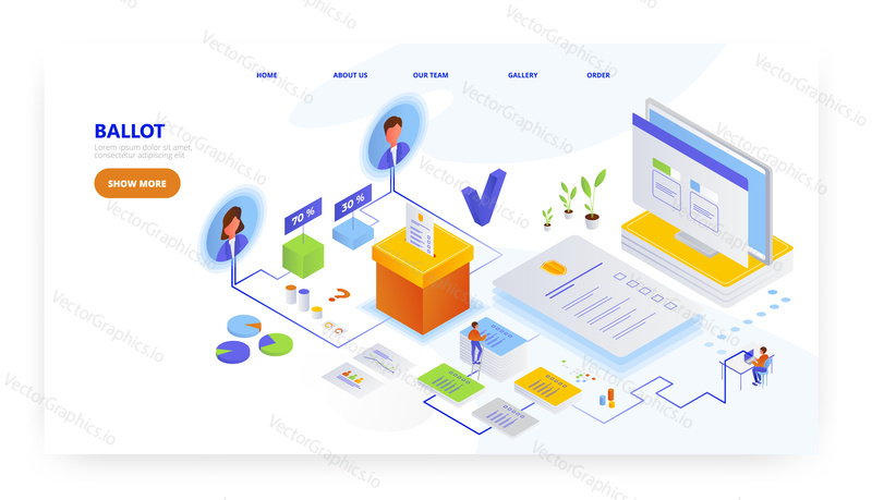Ballot, landing page design, website banner template, flat vector isometric illustration. Vote, ballot box. Voting and election.