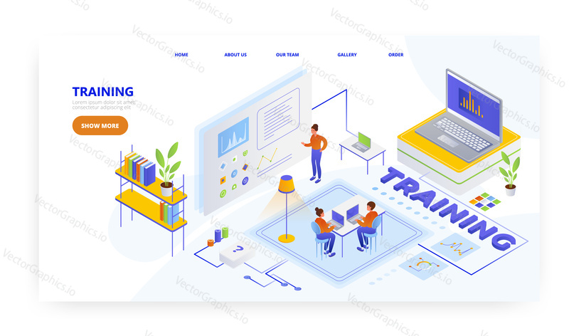 Školení, design vstupní stránky, šablona banneru webu, izometrická ilustrace plochého vektoru. Studenti se učí online. Seminář. Distanční vzdělávání. Online kurzy.