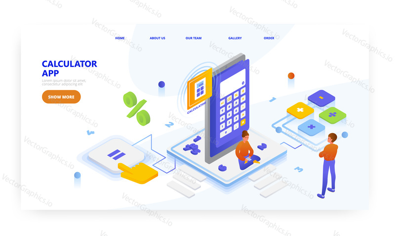 Aplikace kalkulačky, design vstupní stránky, šablona banneru webových stránek, izometrická ilustrace plochého vektoru. Online matematický řešitel problémů a kalkulačka.
