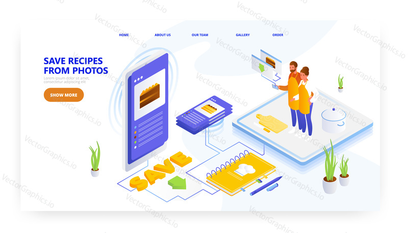 Uložte recepty na jídlo z fotografií, design vstupní stránky, šablona banneru webu, izometrická ilustrace plochého vektoru. Recept ukládání mobilní aplikace.