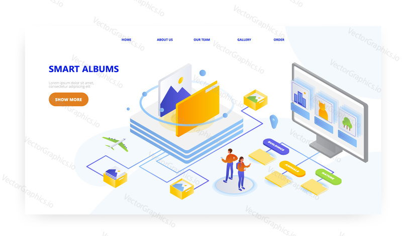 Smart albums, landing page design, website banner template, flat vector isometric illustration. Online image gallery or photo album.