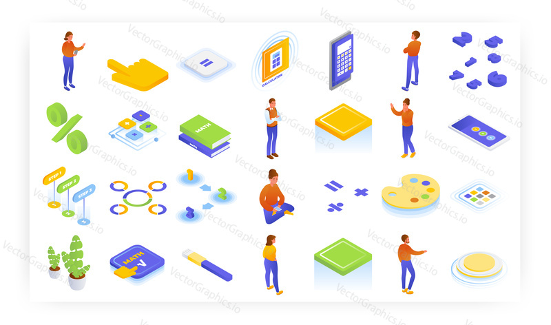Math calculator app mobile ui design, isometric icon set, flat vector isolated illustration. Online calculator, math equation and problems solver.