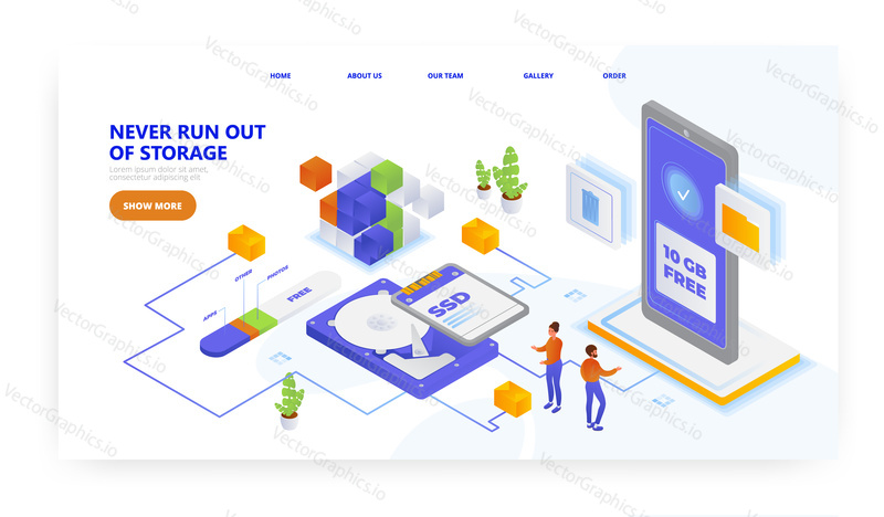 Never run out of storage, landing page design, website banner template, flat vector isometric illustration. Receive additional free 10gb.