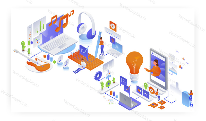 Song writer, video blogger, flat vector isometric illustration. Composer, songwriter creating songs, making music melodies for them. Blogging, vlogging.