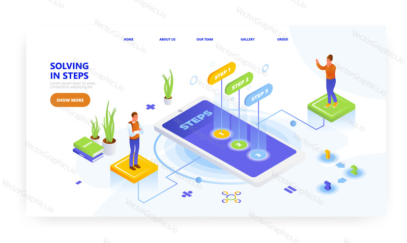 Solving in steps, landing page design, website banner template, flat vector isometric illustration. Math equation, math problem solver. Online calculator.