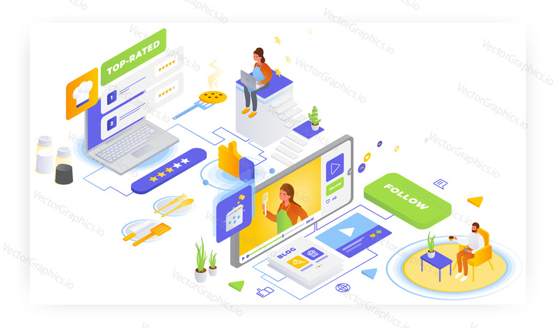 Food blogging, recipes online, flat vector isometric illustration. Top rated recipes. Food blogger cooking online.