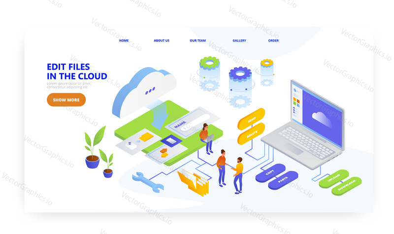 Úpravy souborů v cloudovém úložišti, design vstupní stránky, šablona banneru webových stránek, izometrická ilustrace plochého vektoru.