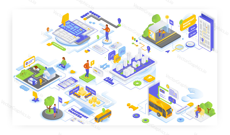 Online plánovač tras, transport tracker, vektorové izometrické ilustrace. Sledování polohy městské hromadné dopravy, mobilní aplikace gps navigace. Plán autobusové trasy. Uložit oblíbená místa na mapě v telefonu.