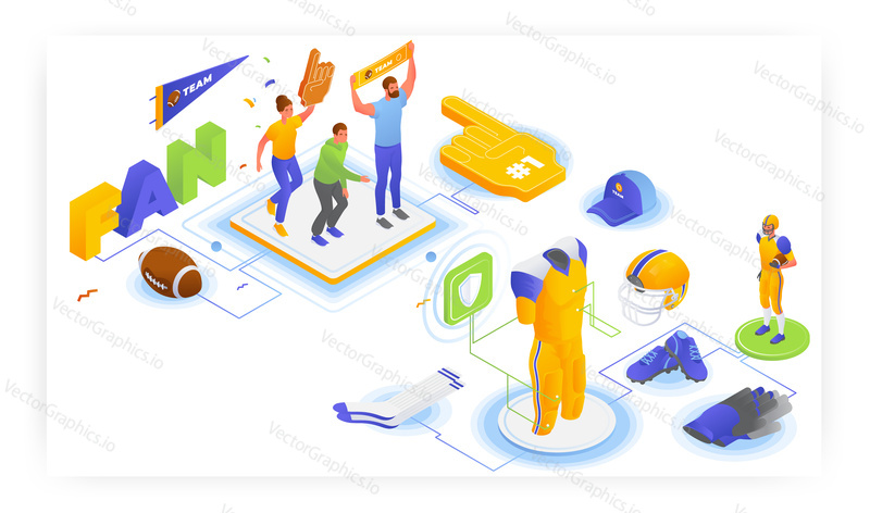 American football player and fans, flat vector isometric illustration. American football uniform and equipment. Team support foam finger. People cheering for favorite sport team.